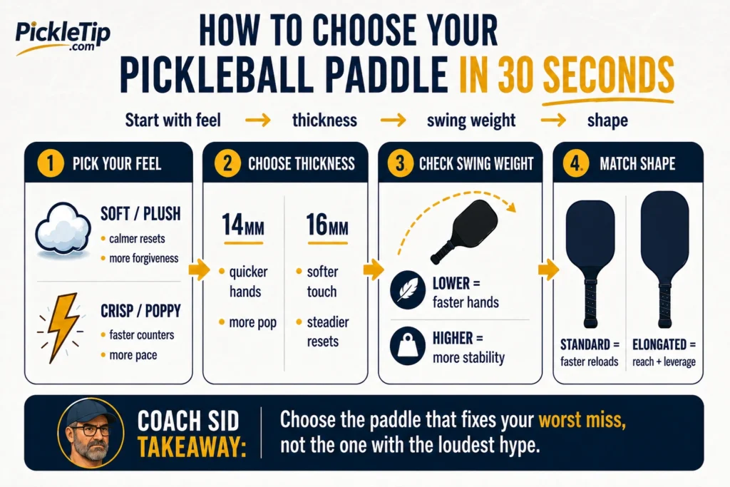Infographic showing how to choose a pickleball paddle by feel, thickness, swing weight, and shape.