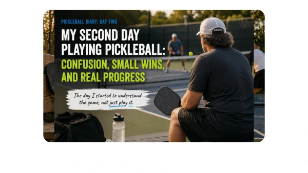 Beginner pickleball player reflecting during his second day on the court