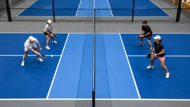 Overhead view of a doubles pickleball rally near the non-volley zone, showing players positioned around the kitchen line on a blue indoor court.