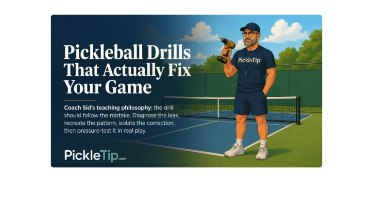 Coach Sid holding an electric drill on a pickleball court beside the title Pickleball Drills That Actually Fix Your Game