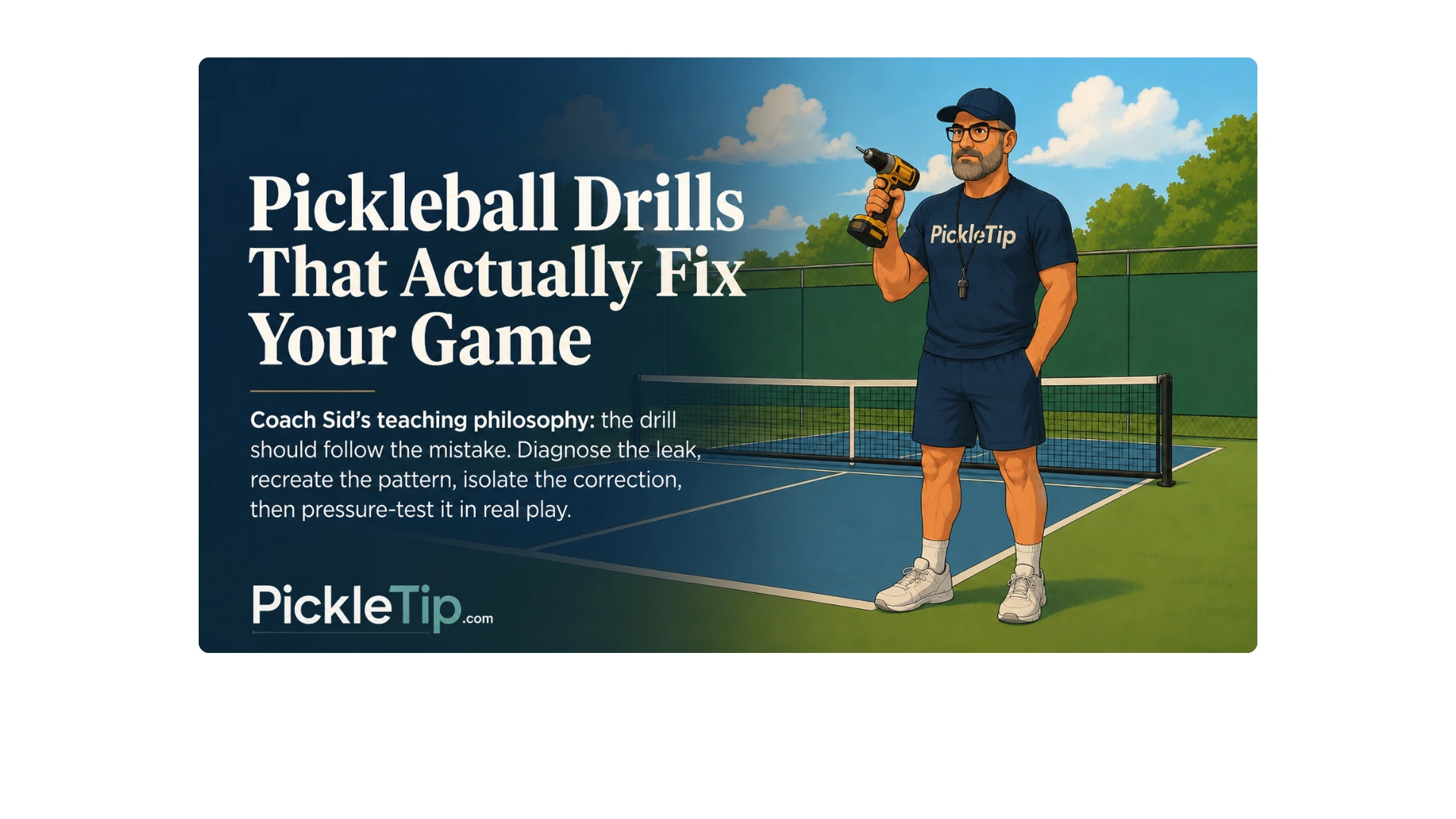 Coach Sid holding an electric drill on a pickleball court beside the title Pickleball Drills That Actually Fix Your Game