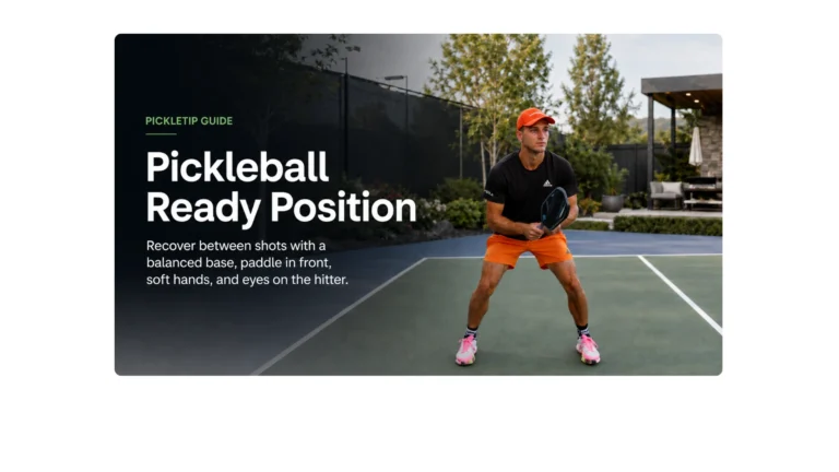 Coach AJ demonstrating a balanced pickleball ready position with the paddle held in front