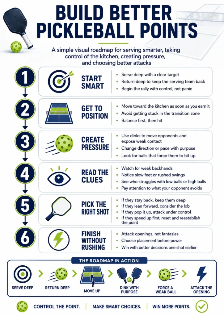 Pickleball strategy roadmap showing six steps to build better points, including smart serves, court position, pressure, reading opponents, shot selection, and controlled attacks.
