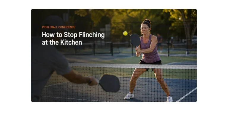Woman wearing protective eyewear blocks an incoming pickleball at the kitchen line during a controlled drill.