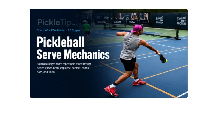 Coach AJ demonstrating pickleball serve mechanics during 5.0 singles at the PPA Atlanta tournament
