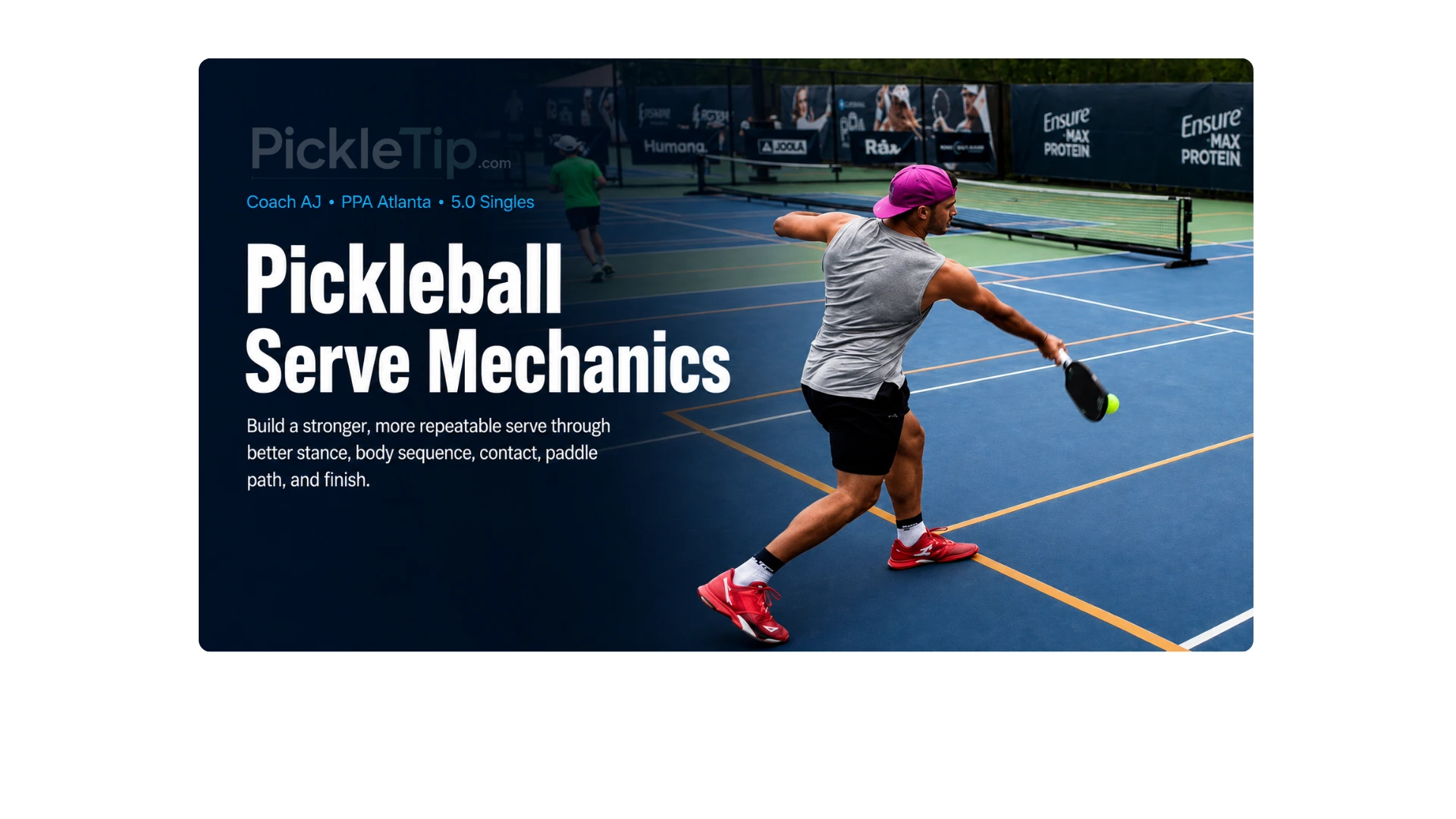 Coach AJ demonstrating pickleball serve mechanics during 5.0 singles at the PPA Atlanta tournament