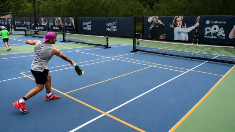 Pickleball player serving with a low contact point, showing body rotation and paddle lag during the serve.