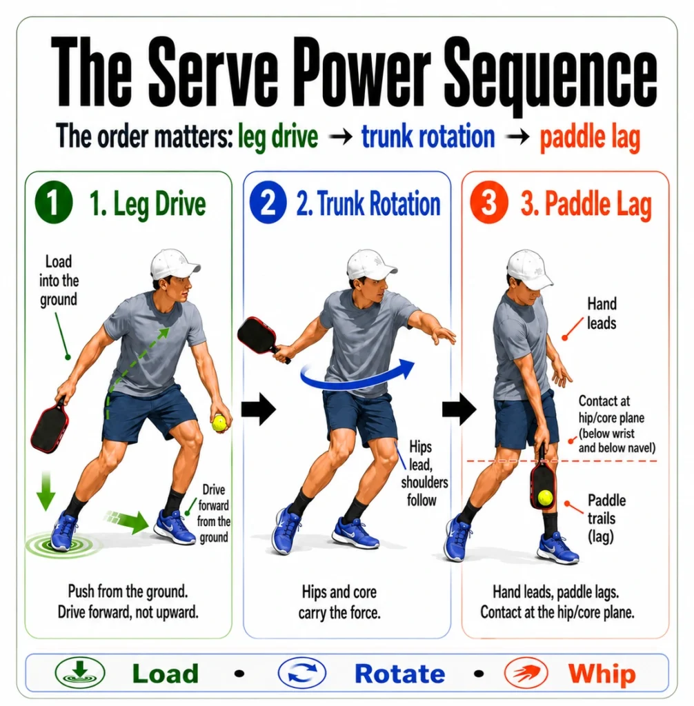Pickleball serve infographic showing how power travels from leg drive to trunk rotation to paddle lag instead of overloading the shoulder.