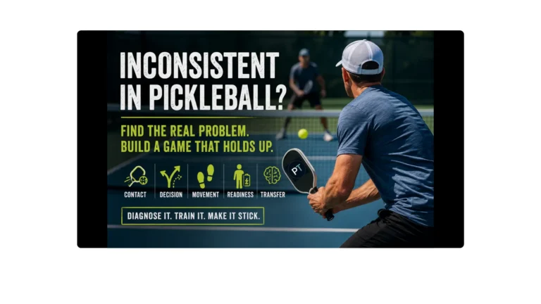 Pickleball player preparing for a shot with text about diagnosing inconsistency and building a reliable game