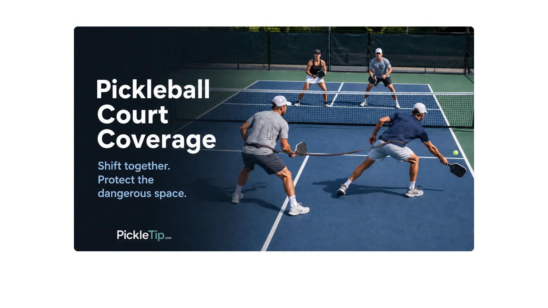 Pickleball doubles partners shifting together with a bungee cord illustrating connected court coverage