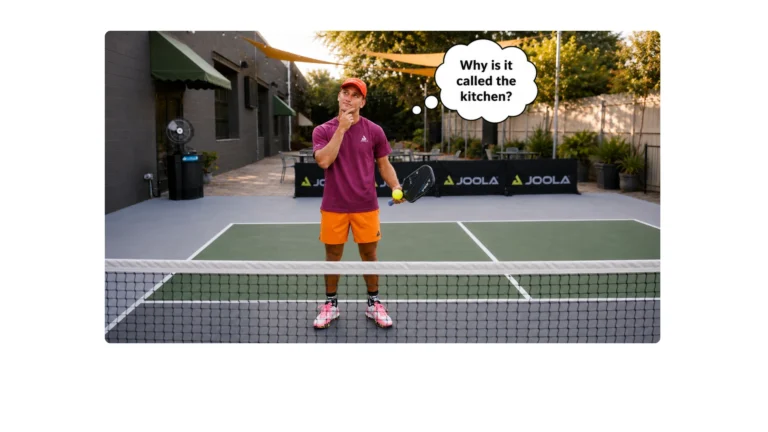 Coach AJ standing in the pickleball kitchen and wondering why it is called the kitchen