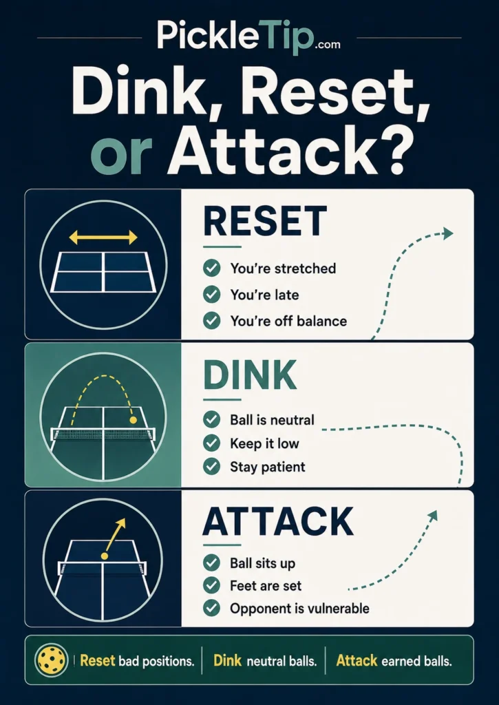 Infographic showing when to reset, dink, or attack in pickleball based on court position, ball height, balance, and opponent timing