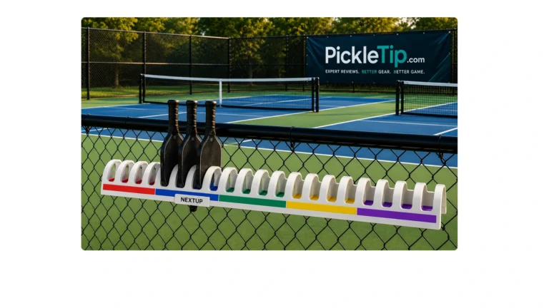 Color-coded pickleball paddle stacking rack on a court fence showing how open play rotation works.