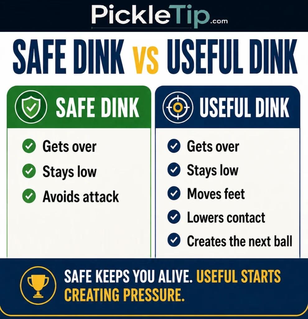Infographic comparing a safe dink with a useful dink in pickleball, showing how useful dinks move feet, lower contact, and create pressure