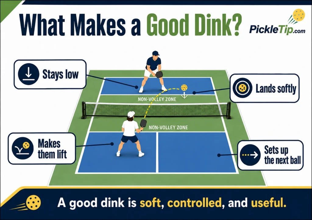Infographic showing four jobs of a good pickleball dink: staying low, landing softly, making opponents lift, and setting up the next ball