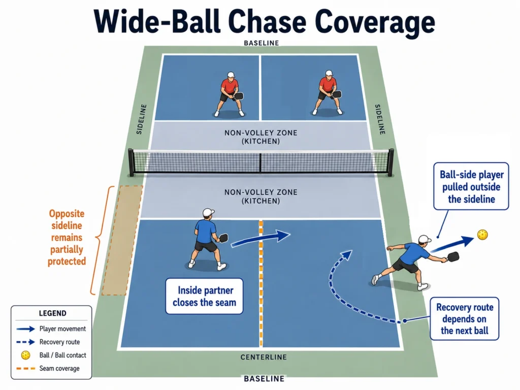 Ball-side pickleball player pulled wide while the partner closes the middle and protects the next angle