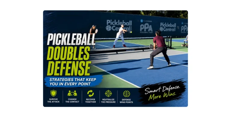 Pickleball doubles players defending an attack with tips to survive, neutralize pressure, and recover together