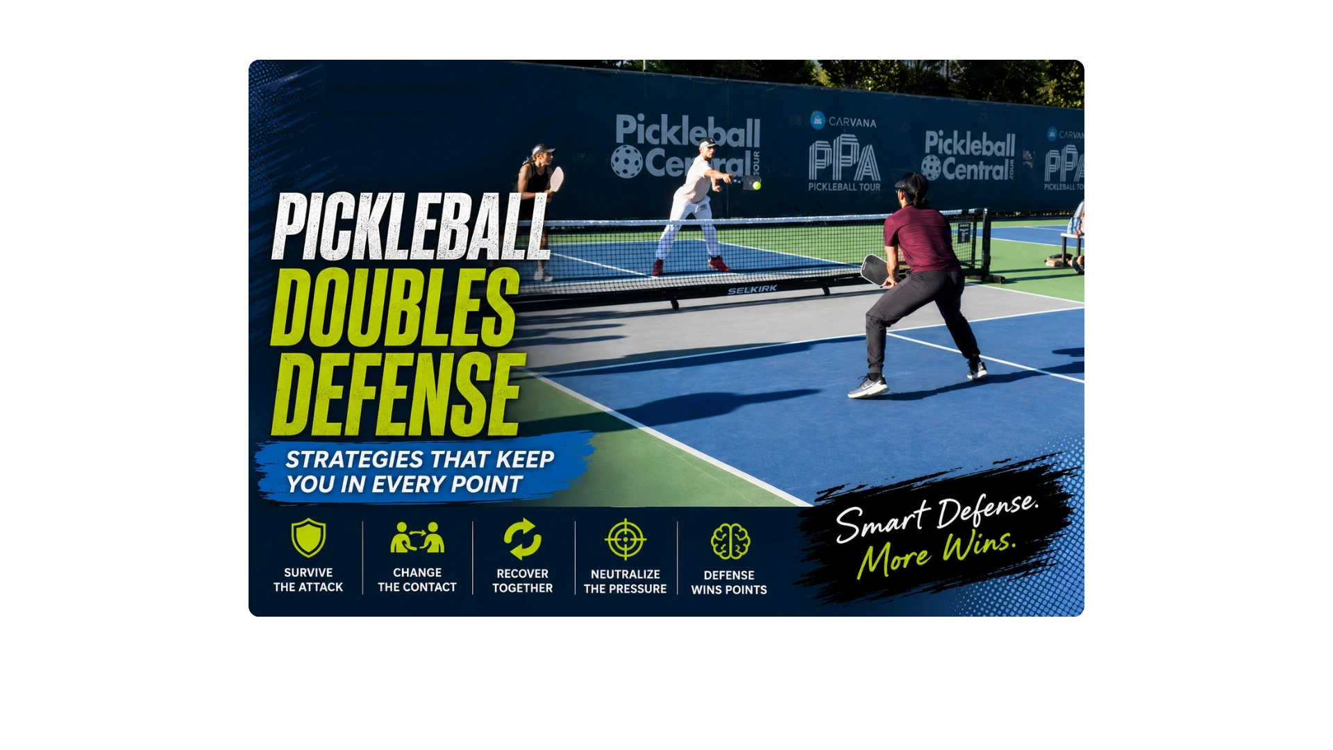 Pickleball doubles players defending an attack with tips to survive, neutralize pressure, and recover together