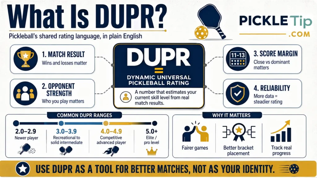 Infographic explaining what DUPR means in pickleball, including match results, opponent strength, score margin, reliability, common rating ranges, and why DUPR helps create fairer games.