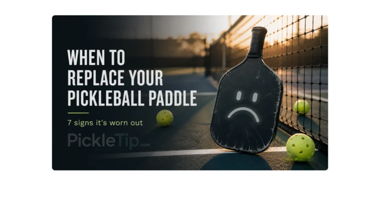Worn pickleball paddle with a sad face on a court illustrating when to replace a pickleball paddle