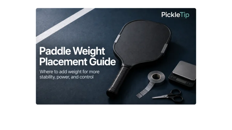 Pickleball paddle with tungsten tape placed at 3 and 9 o’clock to show paddle weight placement for stability and control.