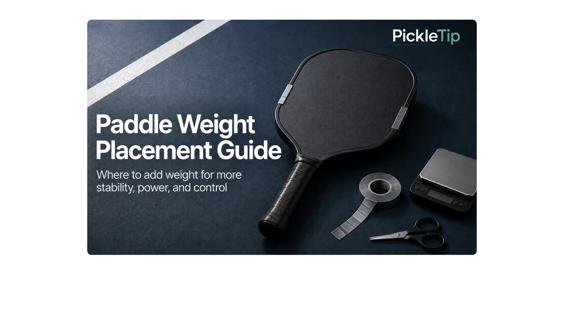 Pickleball paddle with tungsten tape placed at 3 and 9 o’clock to show paddle weight placement for stability and control.