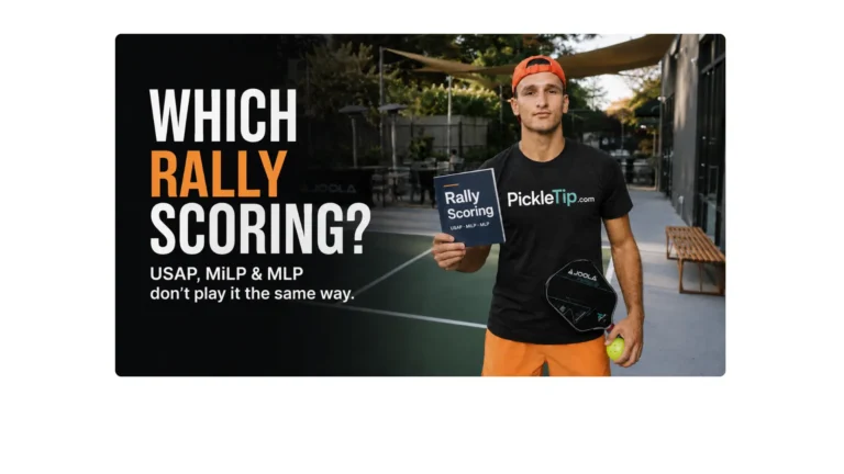Coach AJ holding a Rally Scoring manual beside a pickleball court, comparing USAP, MiLP, and MLP scoring formats.
