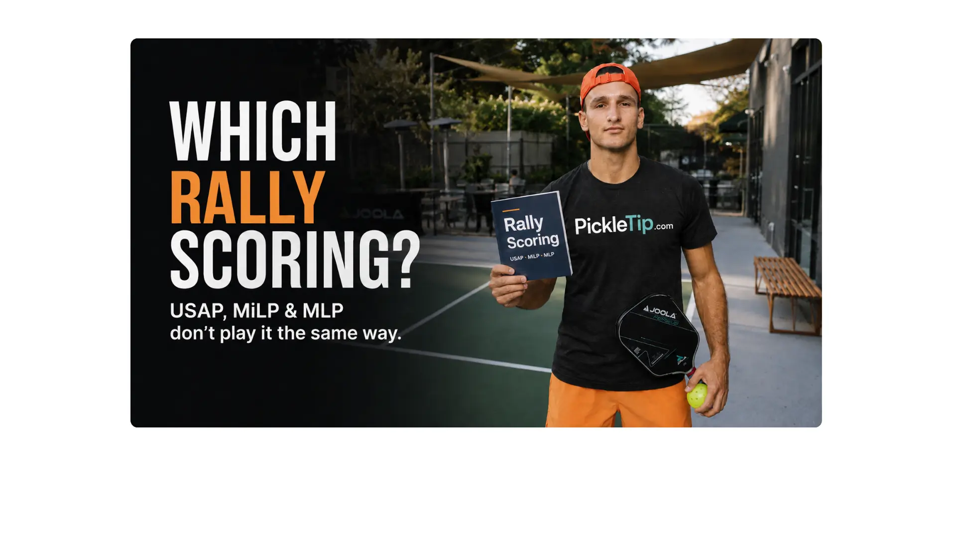Coach AJ holding a Rally Scoring manual beside a pickleball court, comparing USAP, MiLP, and MLP scoring formats.
