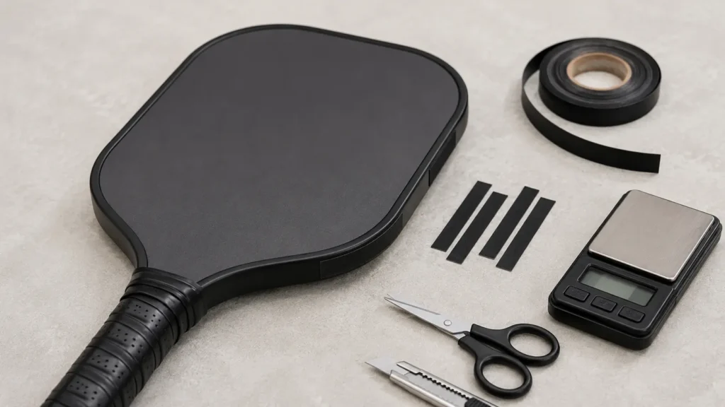 Ultra-thin magnetic tape strips placed on the edge of a pickleball paddle for testing paddle weight placement.