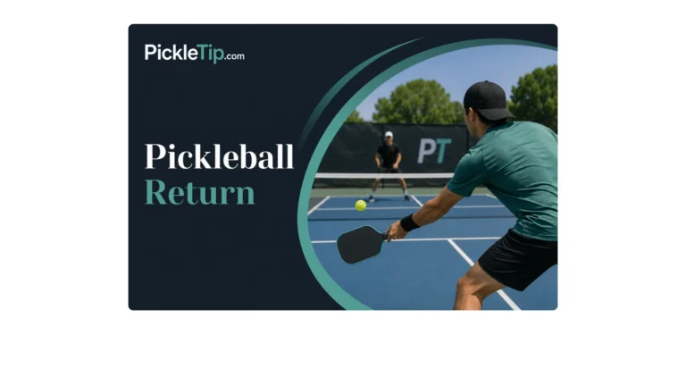 Player hitting a deep pickleball return of serve from the baseline during doubles play.