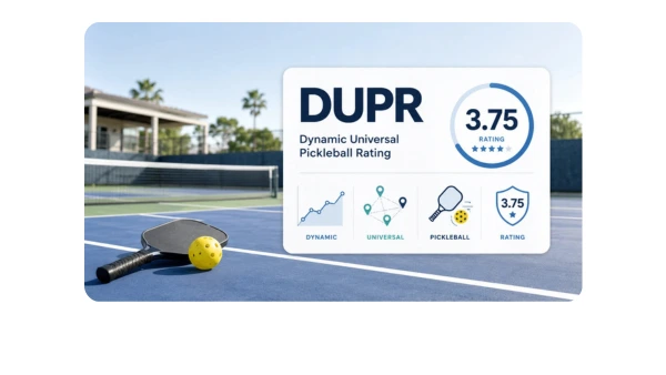 Pickleball court hero image with paddle, ball, and a digital DUPR rating card explaining Dynamic Universal Pickleball Rating.