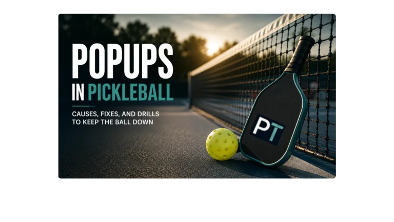 Pickleball paddle and ball beside the net illustrating an article about popups in pickleball, including their causes, fixes, and practice drills.