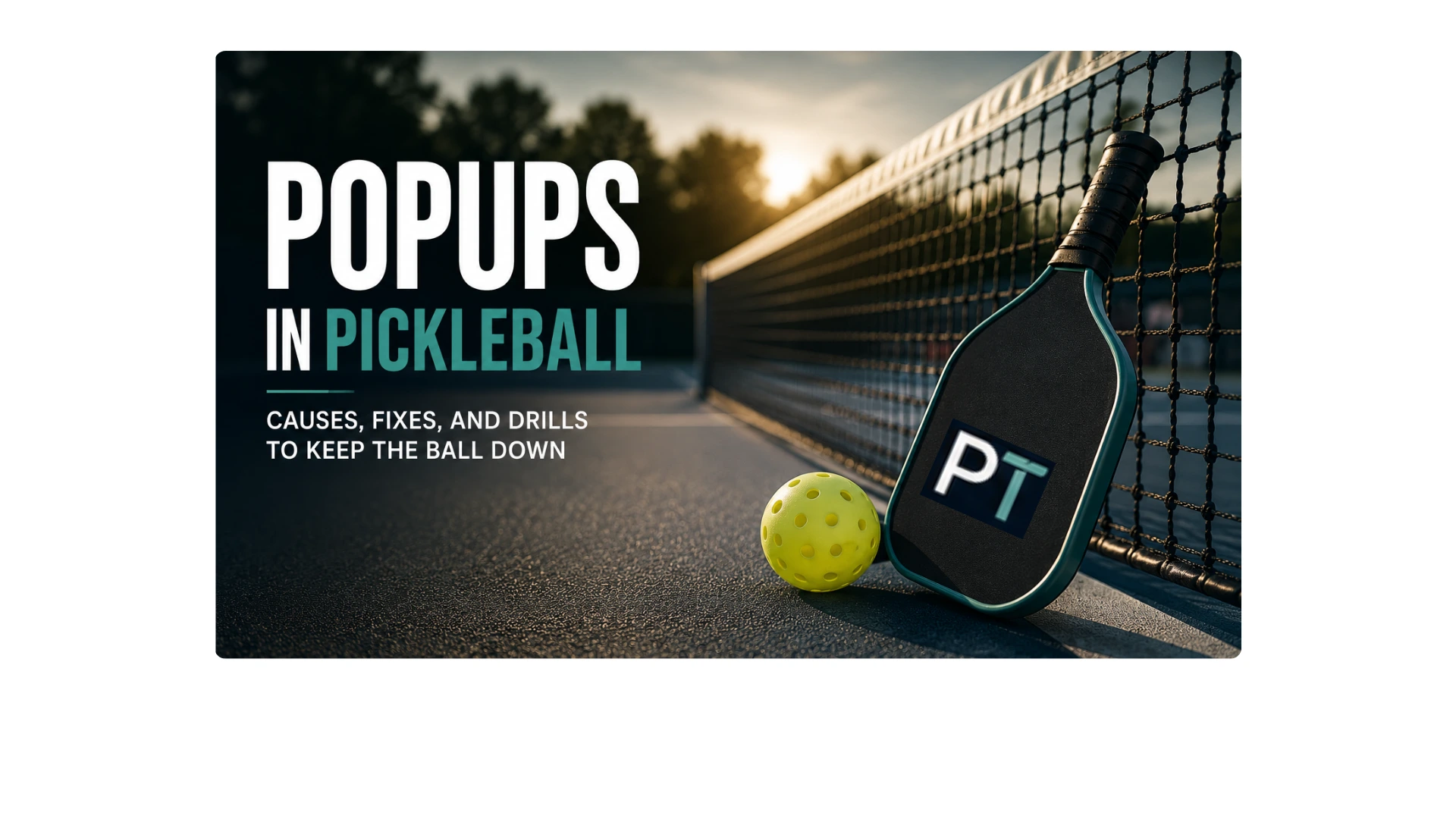 Pickleball paddle and ball beside the net illustrating an article about popups in pickleball, including their causes, fixes, and practice drills.