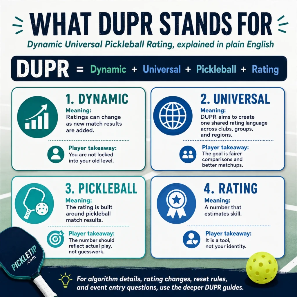 Infographic explaining that DUPR stands for Dynamic Universal Pickleball Rating, with dynamic meaning ratings can change, universal meaning a shared rating language, pickleball meaning the system is built around match results, and rating meaning a skill estimate.