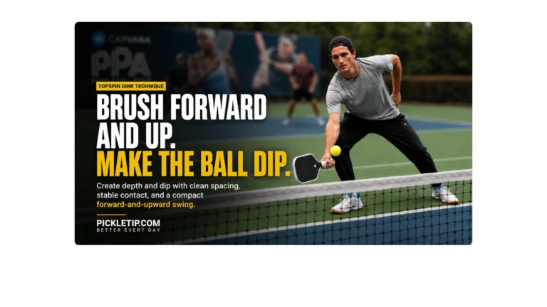 Coach AJ brushing forward and upward through a forehand topspin dink at the kitchen line