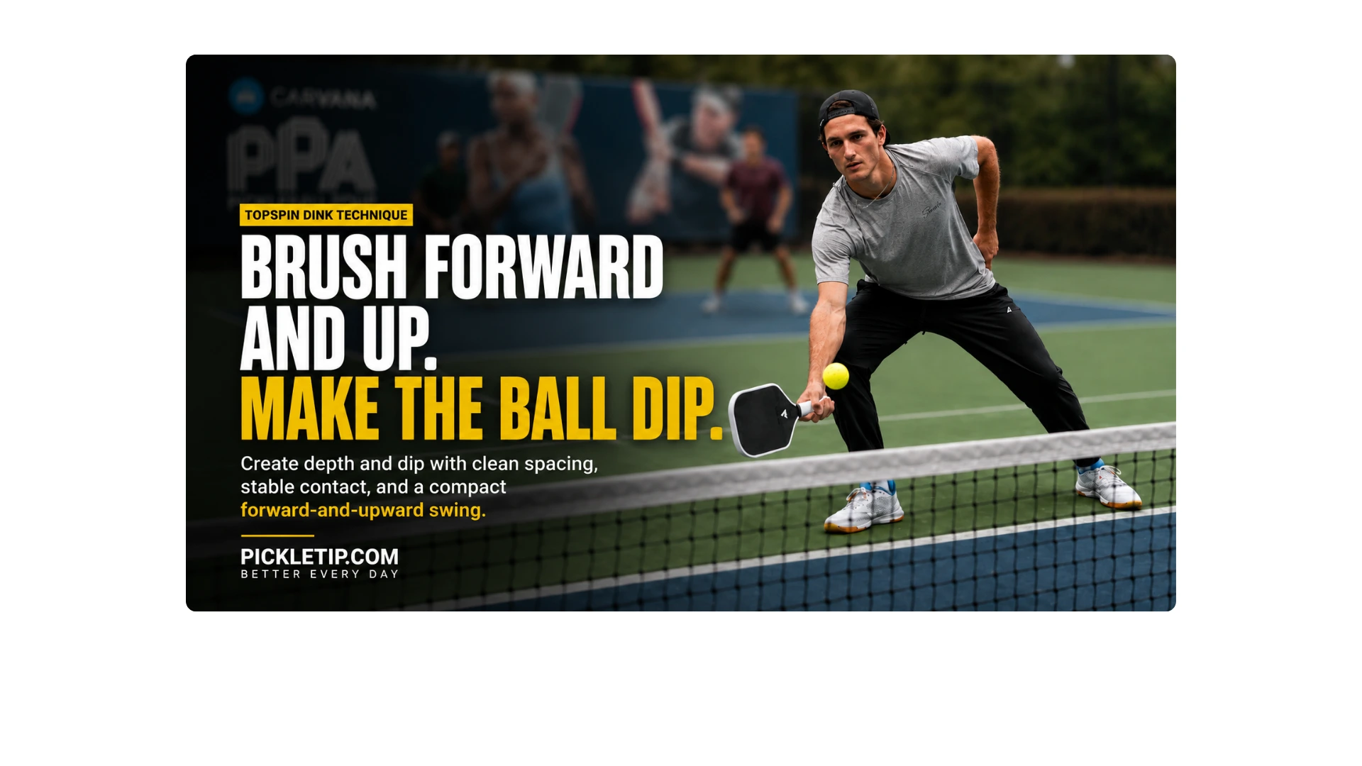 Coach AJ brushing forward and upward through a forehand topspin dink at the kitchen line