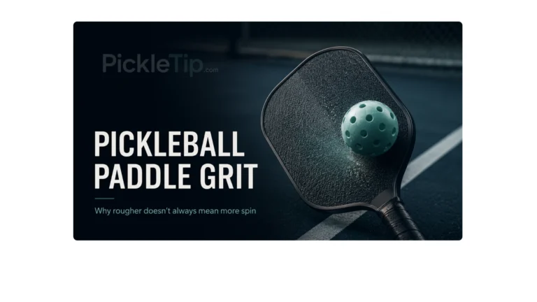 Close-up of a textured pickleball paddle face and ball illustrating pickleball paddle grit and spin