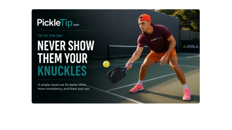 Coach AJ demonstrates a controlled pickleball dink with his paddle hand’s knuckles facing down.