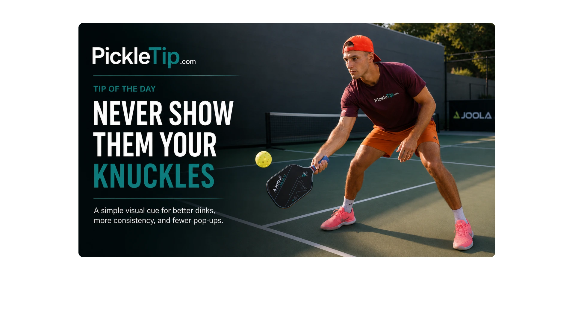 Coach AJ demonstrates a controlled pickleball dink with his paddle hand’s knuckles facing down.