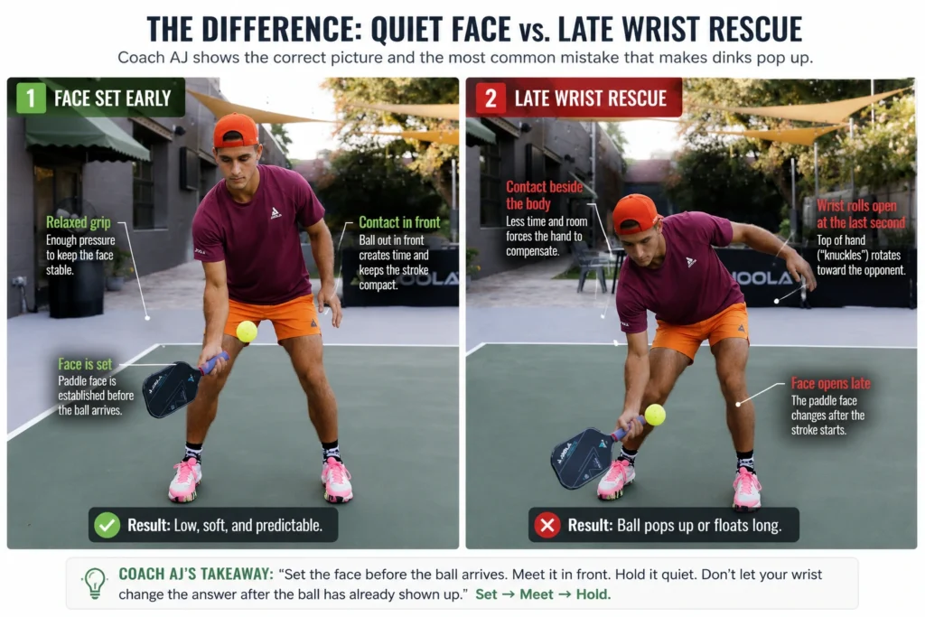 Coach AJ comparing a correctly set paddle face and contact in front with a late wrist rescue that opens the paddle face during a pickleball dink