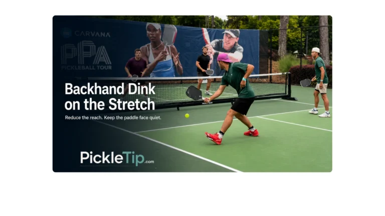 AJ hits a stretched backhand dink while playing with John at the PPA Atlanta pickleball tournament.