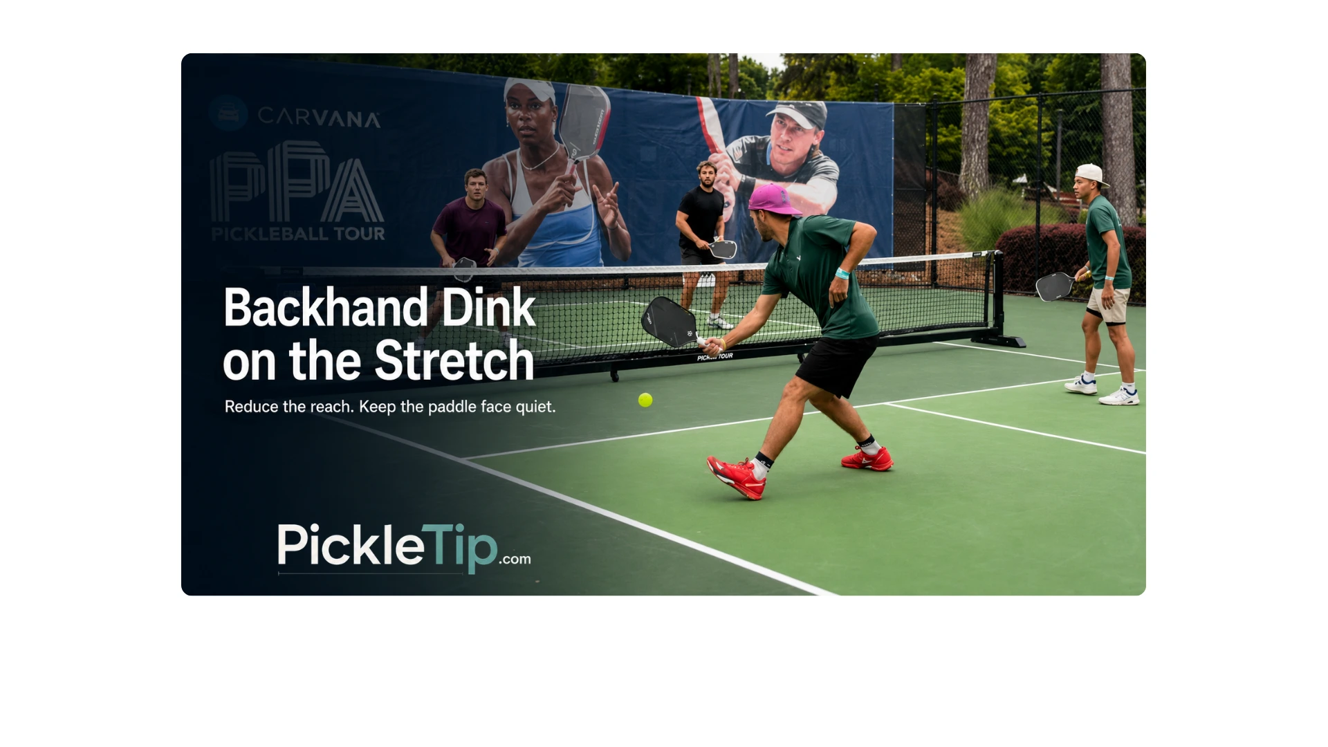 AJ hits a stretched backhand dink while playing with John at the PPA Atlanta pickleball tournament.