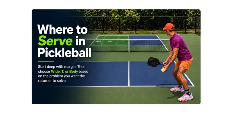 Coach AJ preparing to serve in pickleball with Wide, Body, and T target zones shown in the opposite service box
