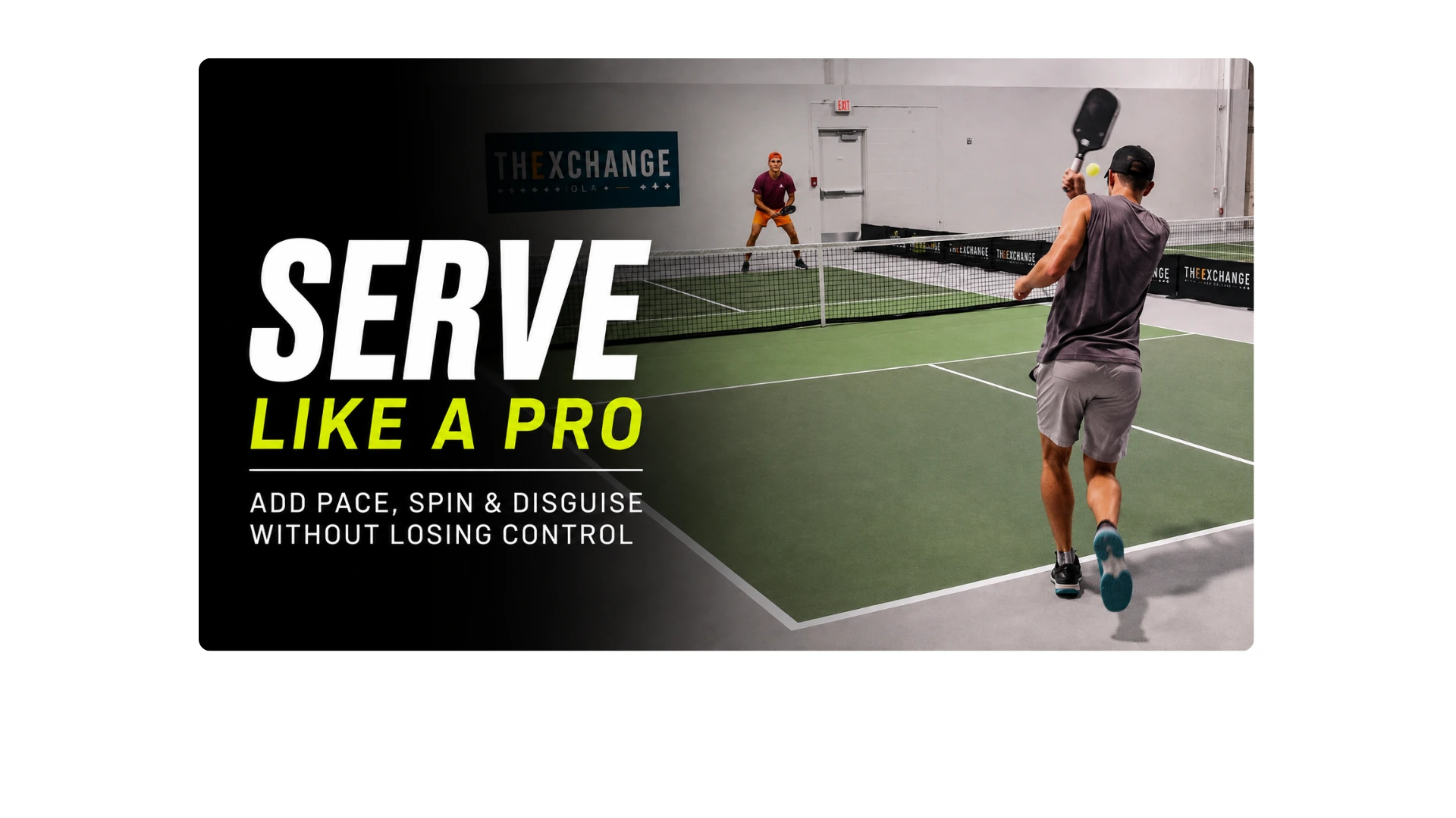 Eric White serving to Coach AJ Parfait during a pickleball game at The Exchange NOLA