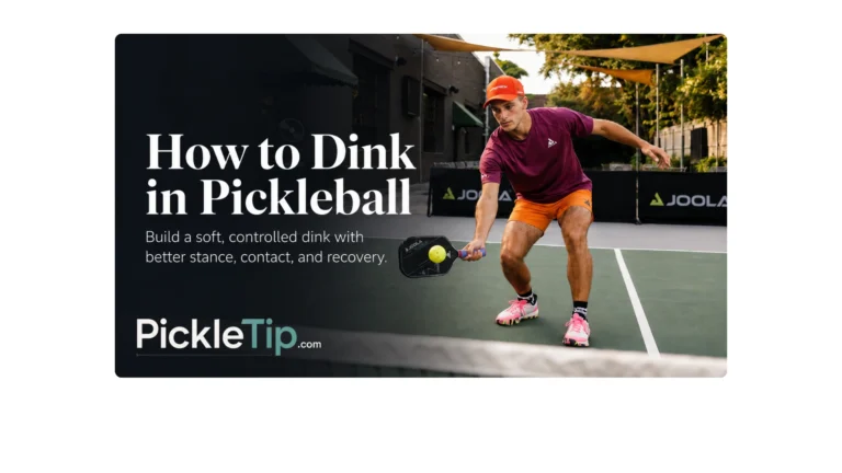 Pickleball player hitting a controlled forehand dink at the kitchen line