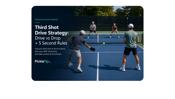 Pickleball player hitting a balanced third shot drive from behind the baseline toward opponents at the kitchen line.