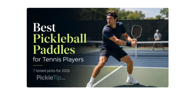 Tennis-style pickleball player in a two-handed ready position on a pickleball court for a guide to the best pickleball paddles for tennis players.