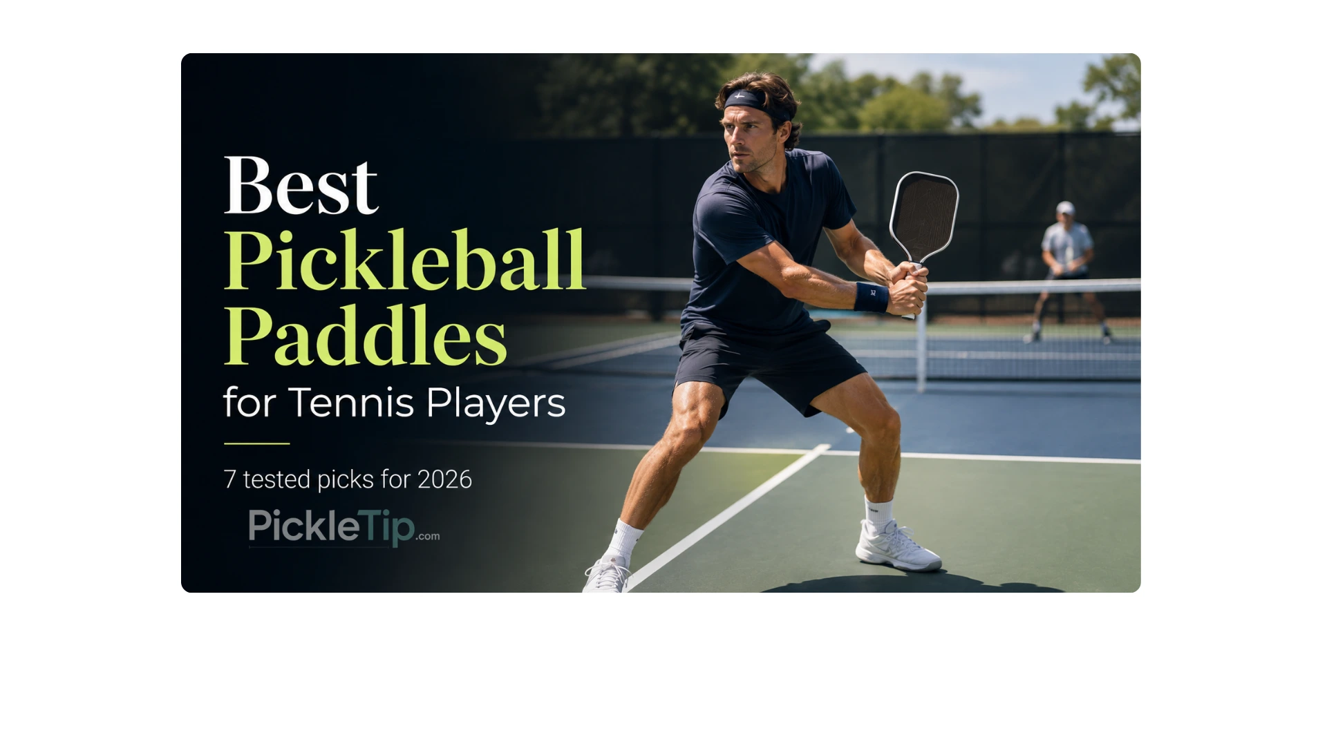 Tennis-style pickleball player in a two-handed ready position on a pickleball court for a guide to the best pickleball paddles for tennis players.