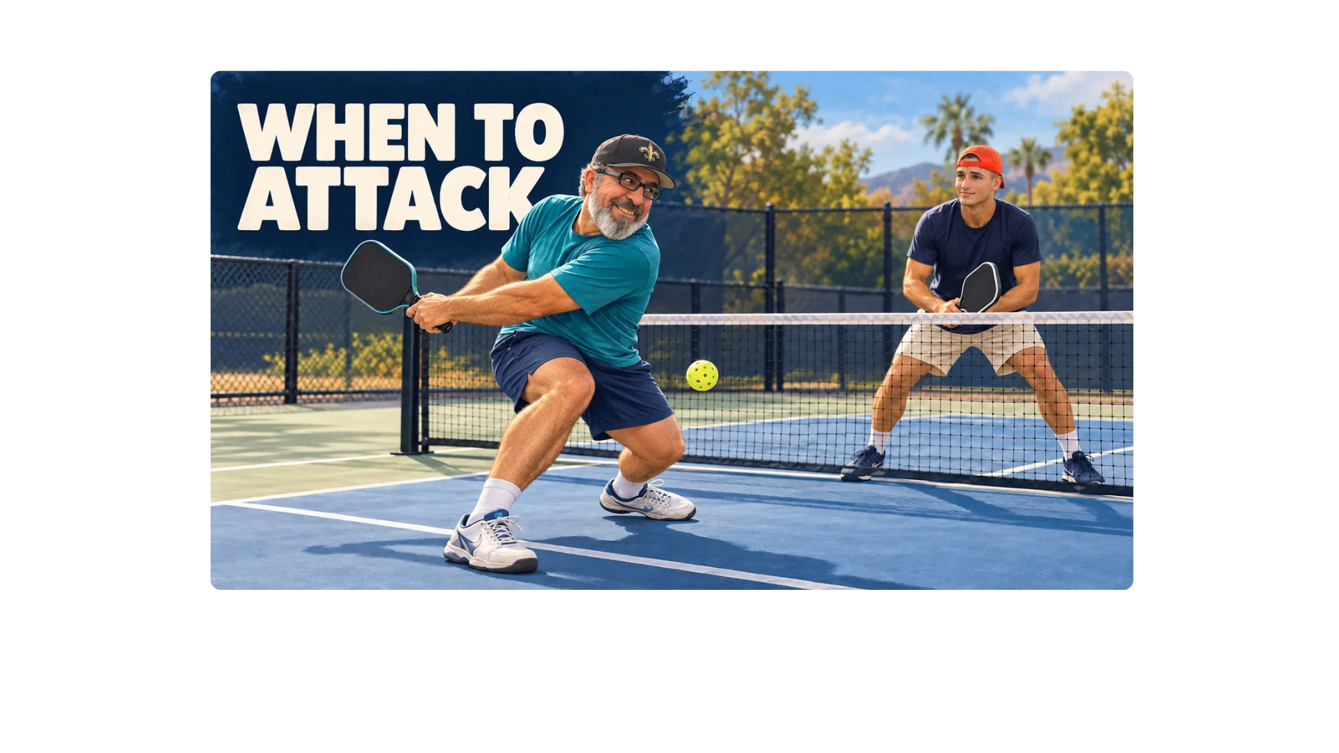 Illustration of Coach Sid preparing a backhand attack on a low ball while Coach AJ waits ready to counter across the net.