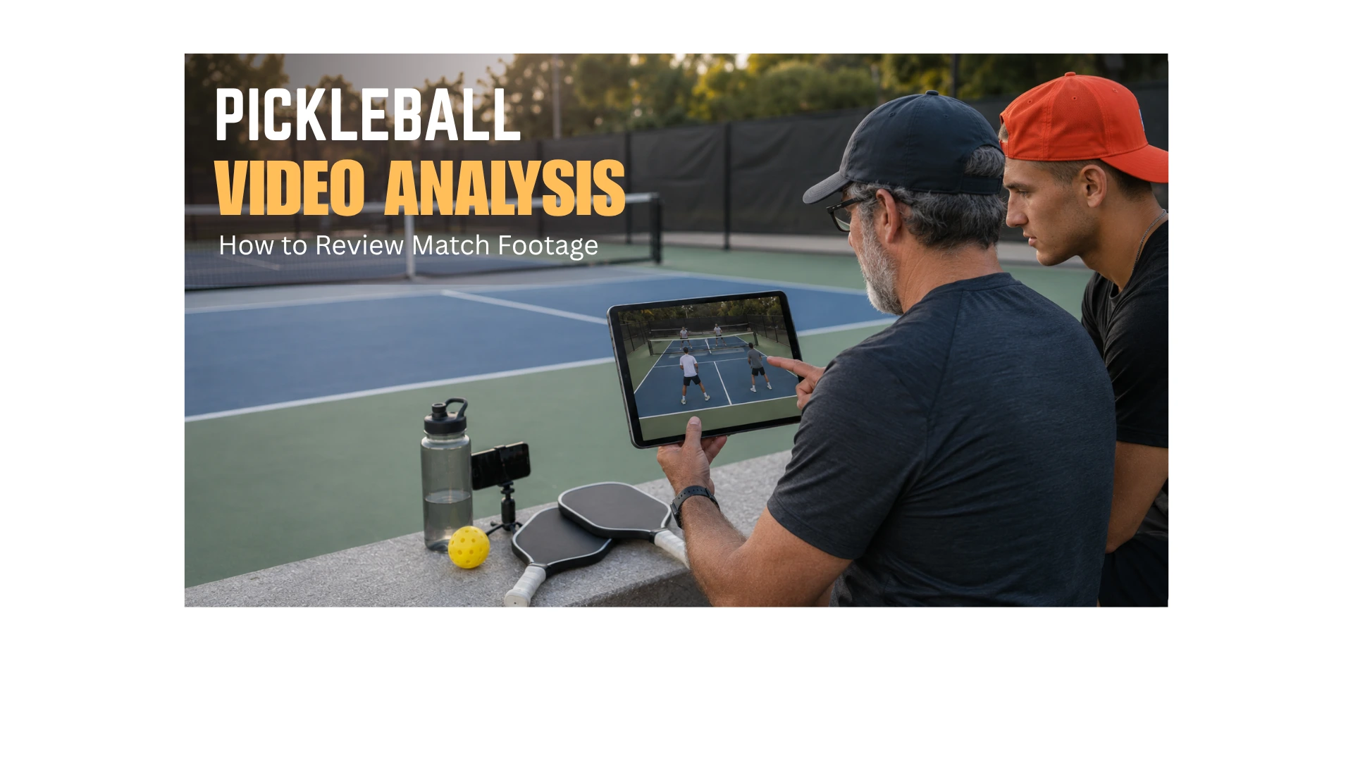 Coach Sid and Coach AJ reviewing recorded doubles match footage on a tablet beside a pickleball court.